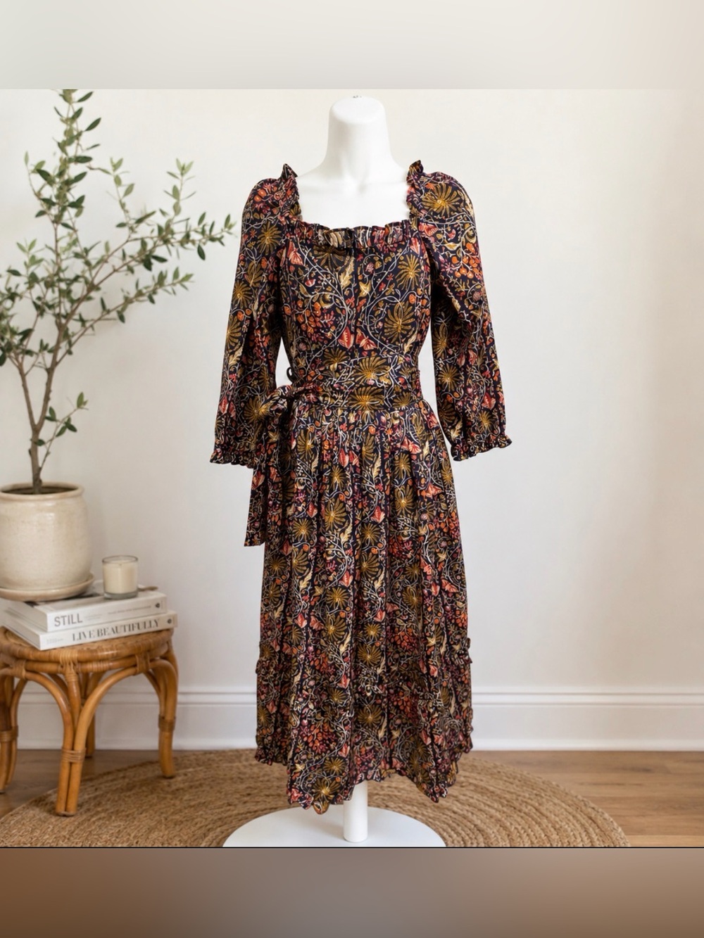 Orange and Blue Puff Sleeve cotton Sundress with Square Neck